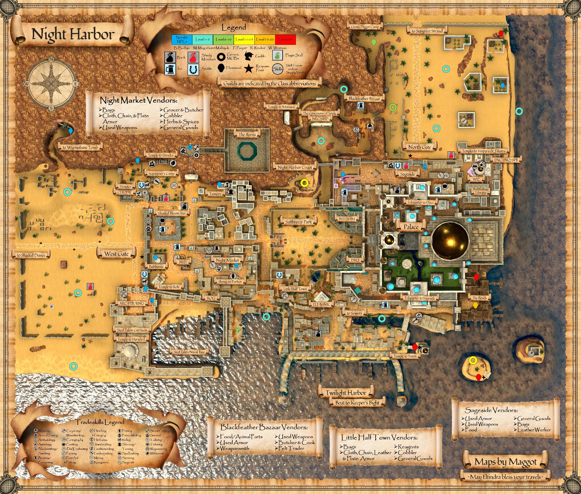 Current Night Harbor V5 map showing districts, gates, hunting level bands, services, and exits data-zone-map-zoom data-map-caption=