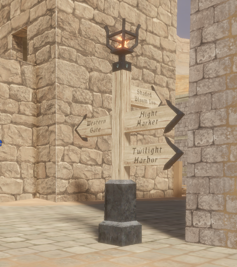 Sign pointing toward Western Gate, Shaded Bloom Inn, Night Market, and Twilight Harbor