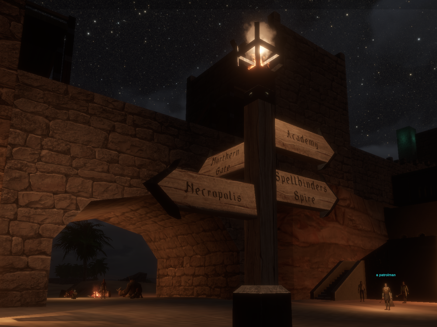 Sign pointing toward Northern Gate, Necropolis, Academy, and Spellbinder's Spire