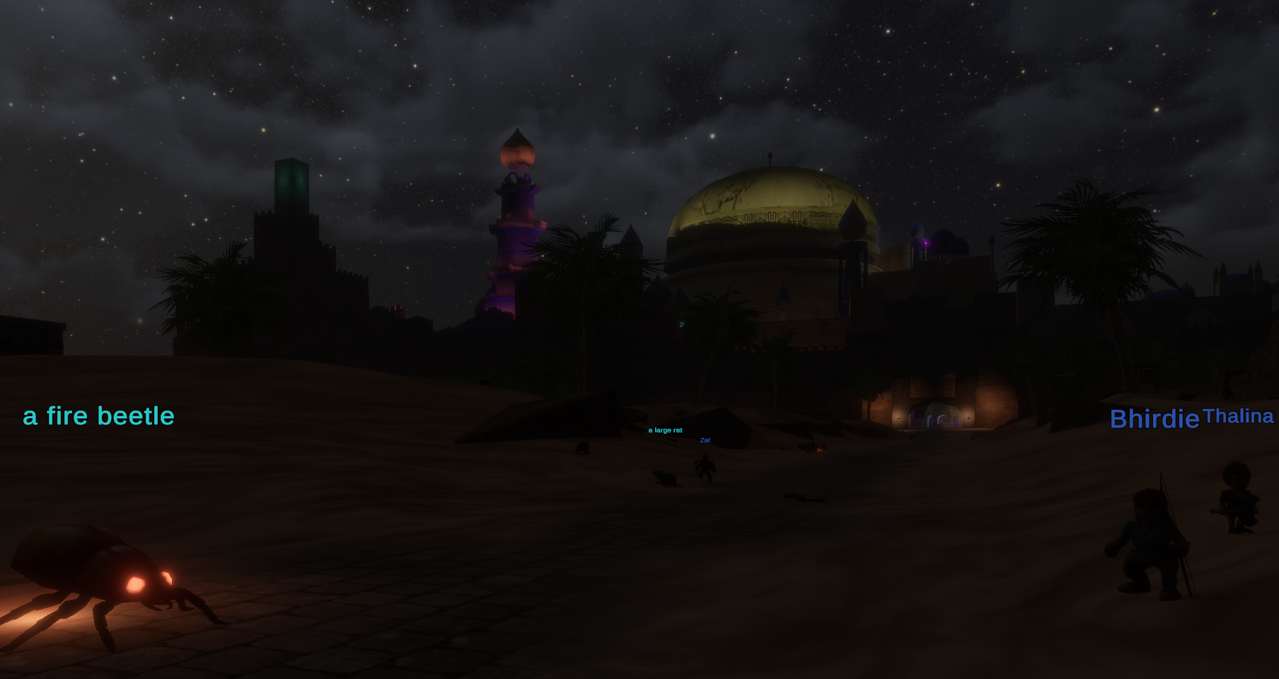 Fire beetles, rats, and players in the North Gate Newbie Yard at night