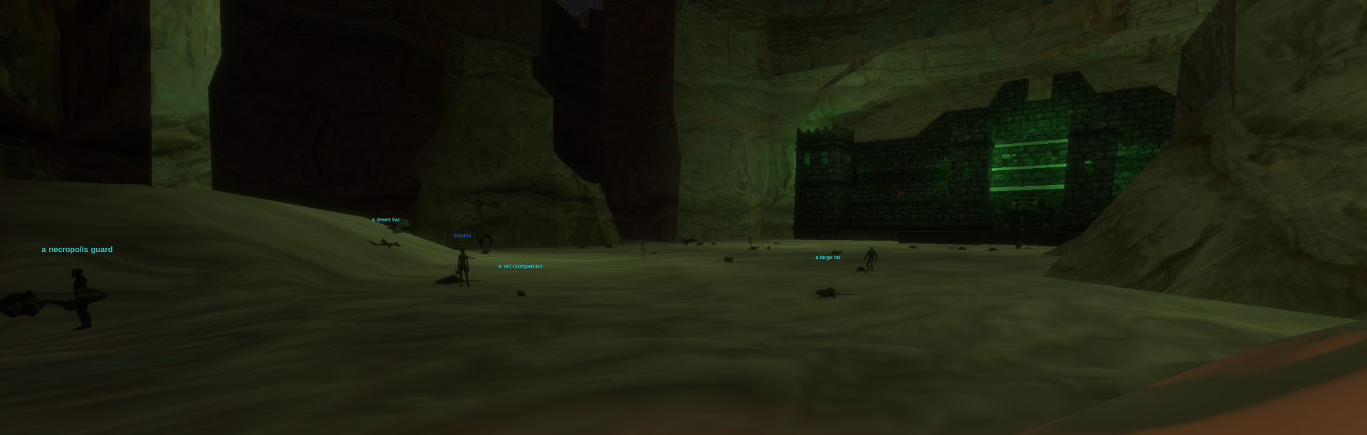 Necropolis guard, desert bat, and rats in the Concourse of Souls Newbie Yard