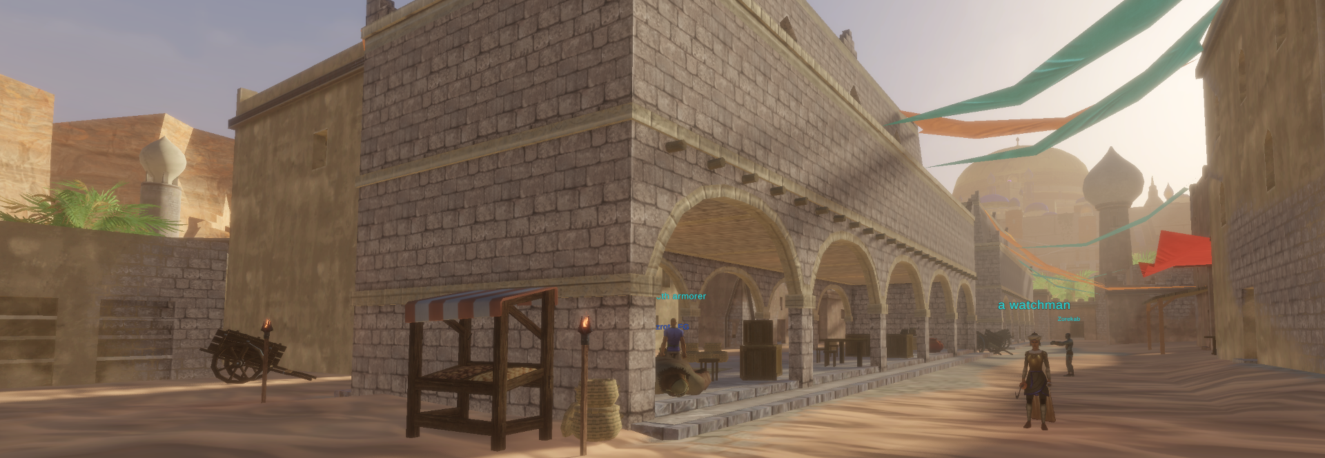 Wide in-game view of the Night Market vendor arcade