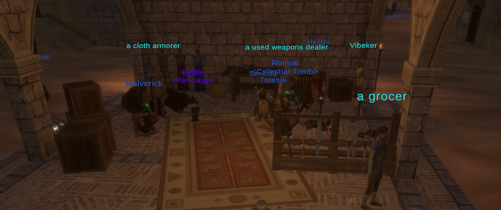 Cloth armorer, used weapons dealer, and grocer stalls in the Night Market