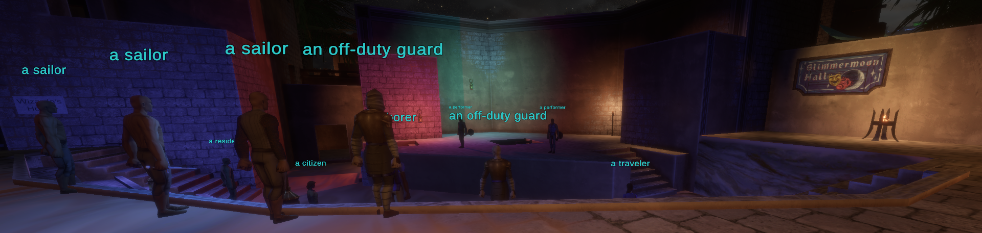 Performers and audience members inside the colorful Glimmermoon Hall