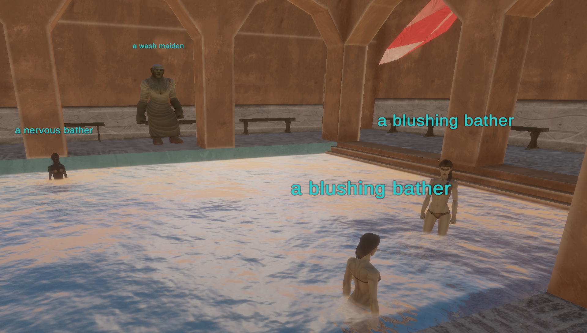 Wash maiden and bathers around the pool inside the Night Harbor Bath House