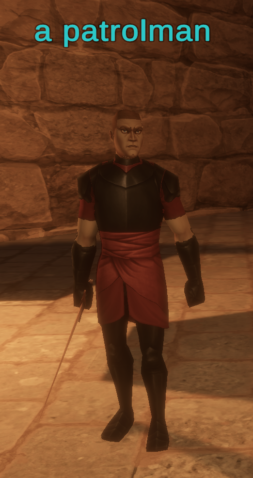 A patrolman in black and red uniform carrying a sword