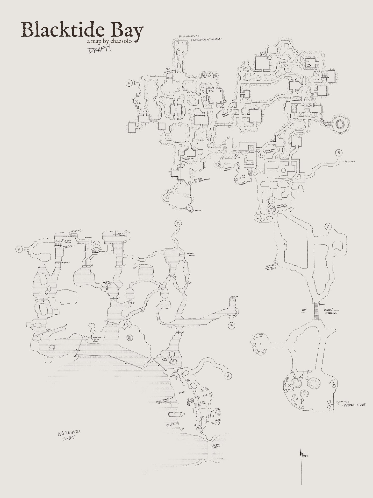 Blacktide Bay draft map showing the cave complex and coastal bay