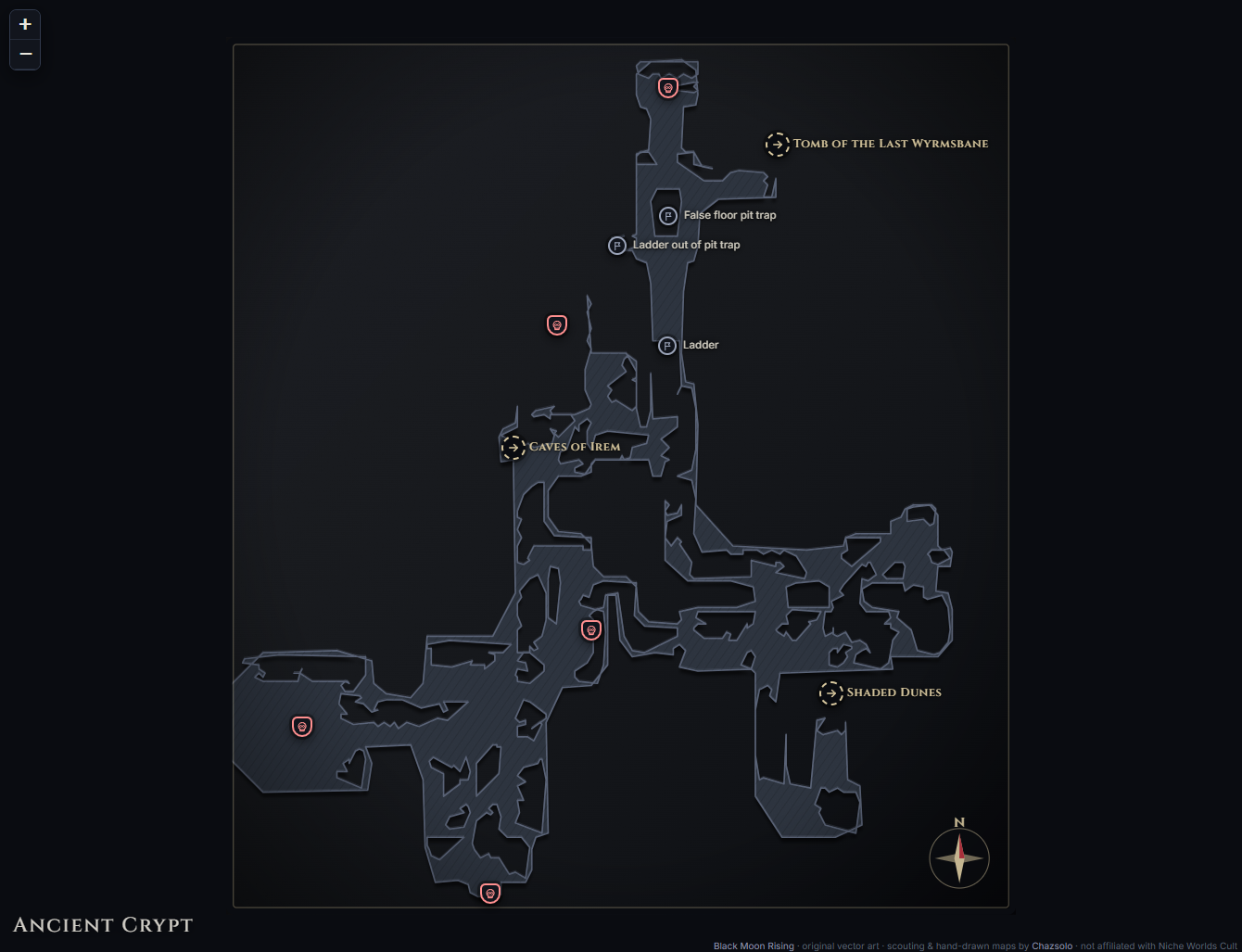 Ancient Crypt community map with camps, landmarks, exits and named NPC markers