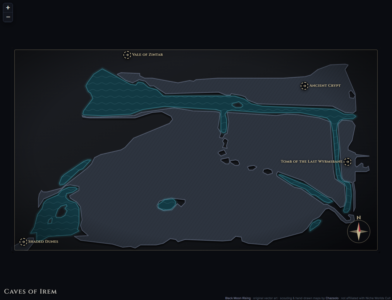 Caves of Irem community map with camps, landmarks, exits and named NPC markers