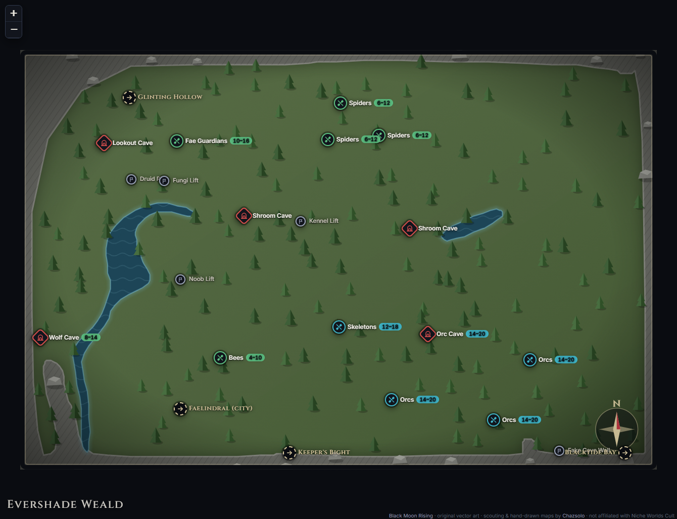 Evershade Weald community map with camps, landmarks, exits and named NPC markers