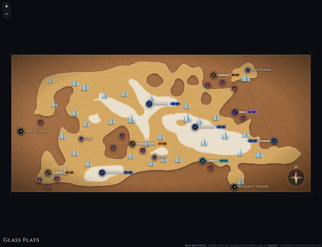 Glass Flats community map with camps, landmarks, exits and named NPC markers
