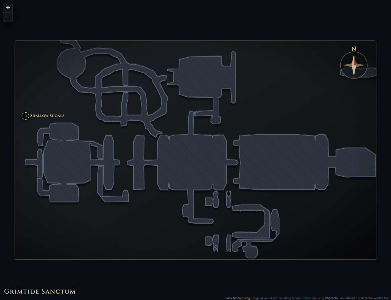 Grimtide Sanctum community map with camps, landmarks, exits and named NPC markers