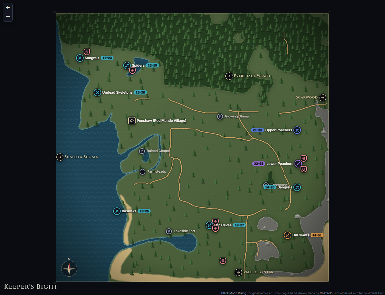 Keeper's Bight community map with camps, landmarks, exits and named NPC markers