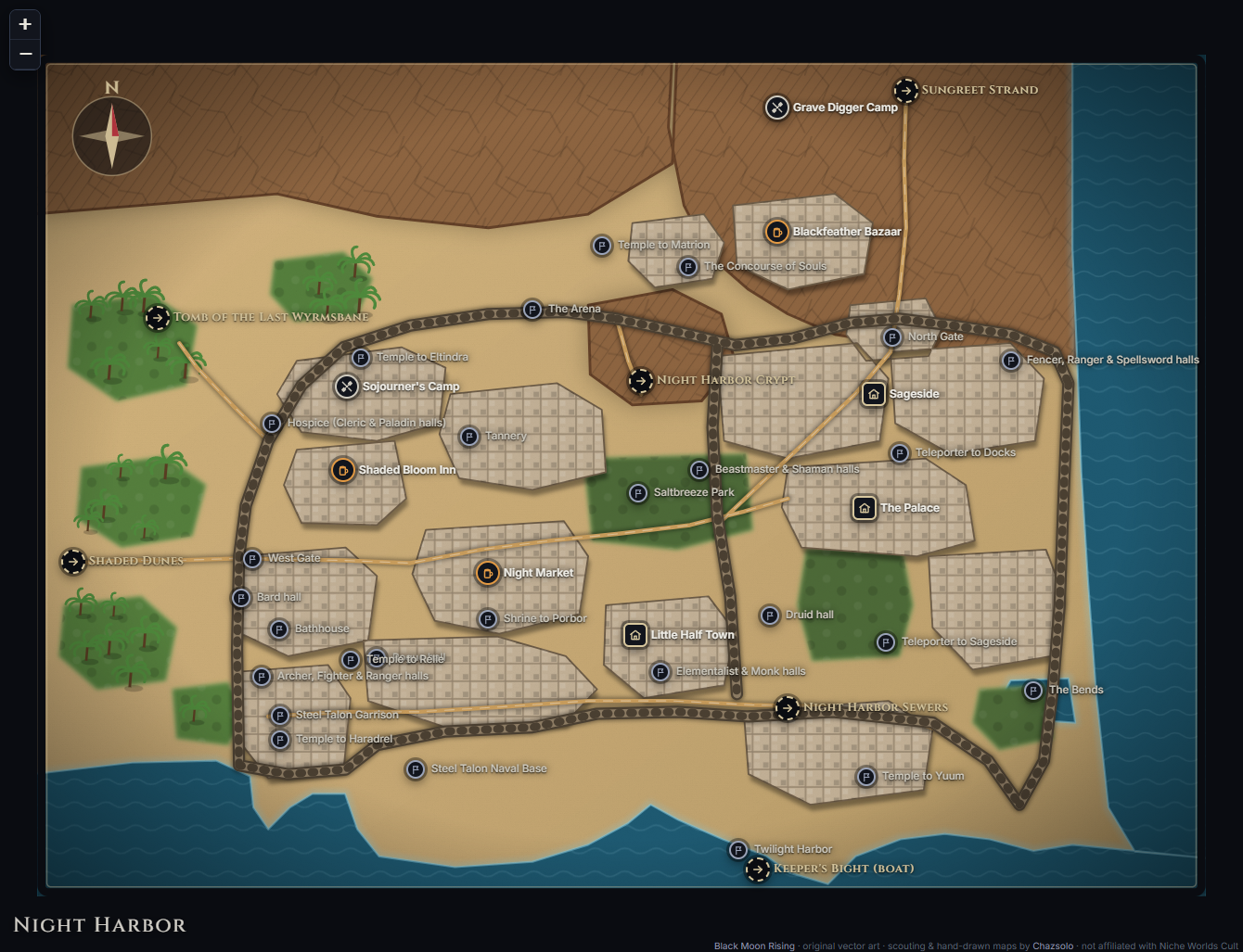 Night Harbor community map with camps, landmarks, exits and named NPC markers