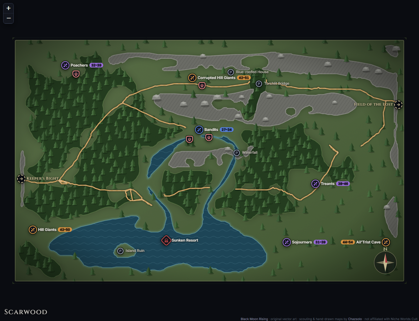 Scarwood community map with camps, landmarks, exits and named NPC markers