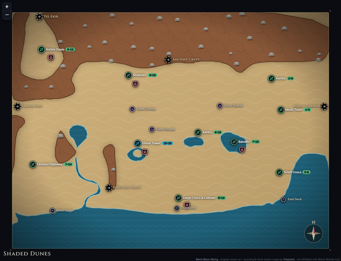 Shaded Dunes community map with camps, landmarks, exits and named NPC markers
