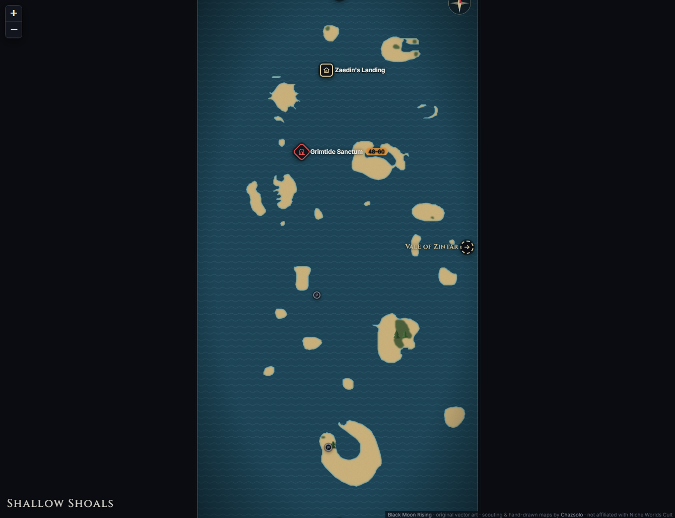 Shallow Shoals community map with camps, landmarks, exits and named NPC markers