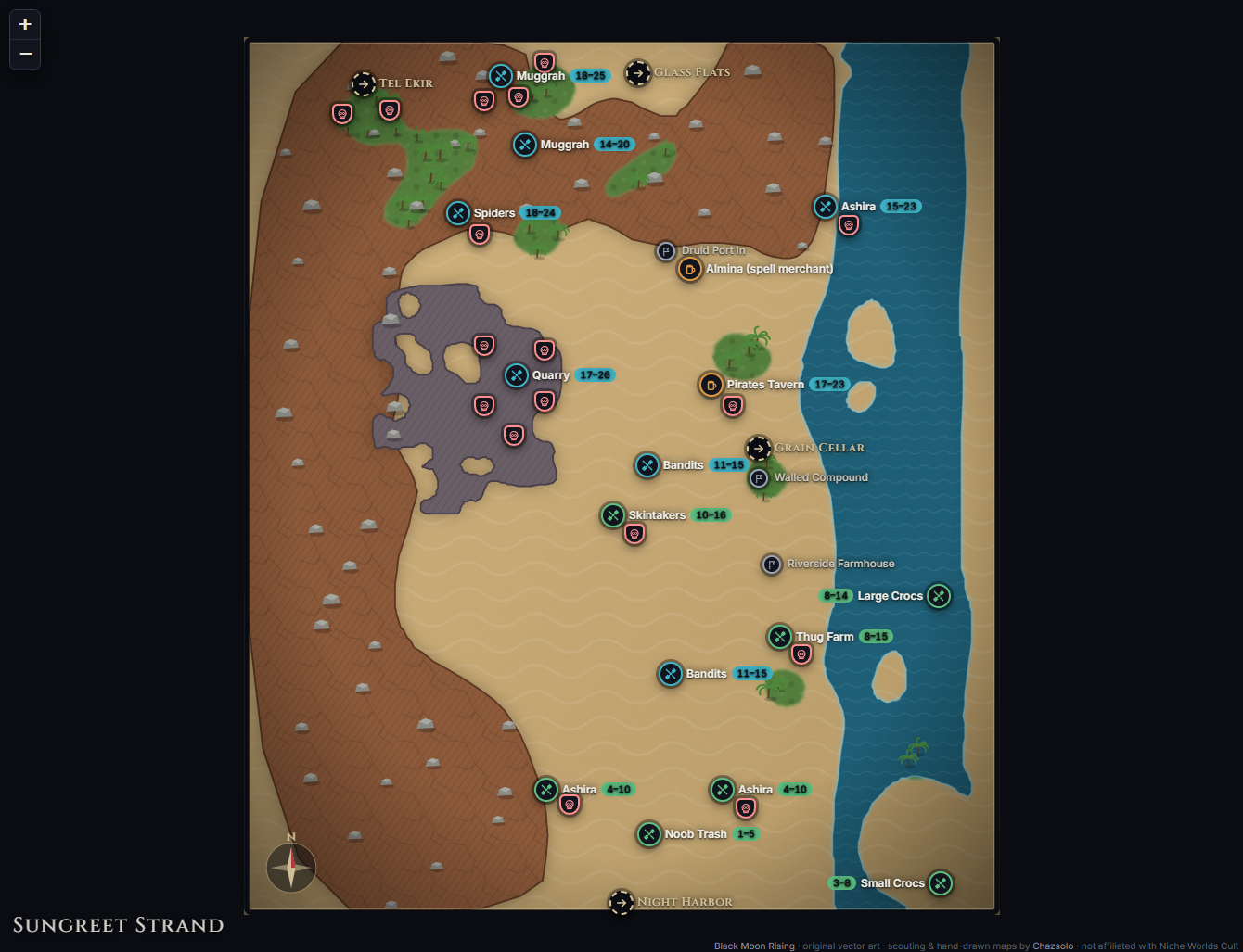 Sungreet Strand community map with camps, landmarks, exits and named NPC markers