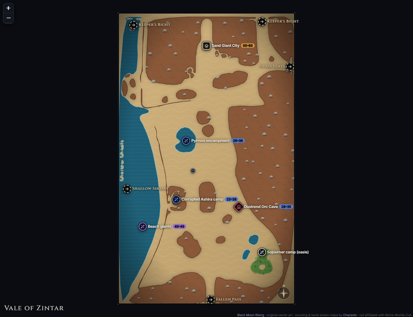 Vale of Zintar community map with camps, landmarks, exits and named NPC markers
