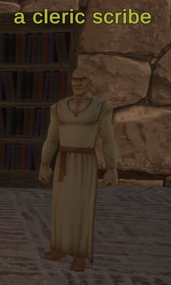 A cleric scribe in Night Harbor with the full overhead name visible