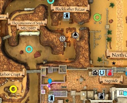 Map detail showing Concourse of Souls Newbie Yard in Night Harbor